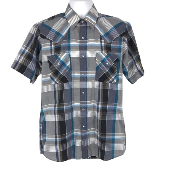 Sheplers Men's Short Sleeve Pearl Snap Button Down Blue & Gray Plaid Size M - Picture 1 of 9